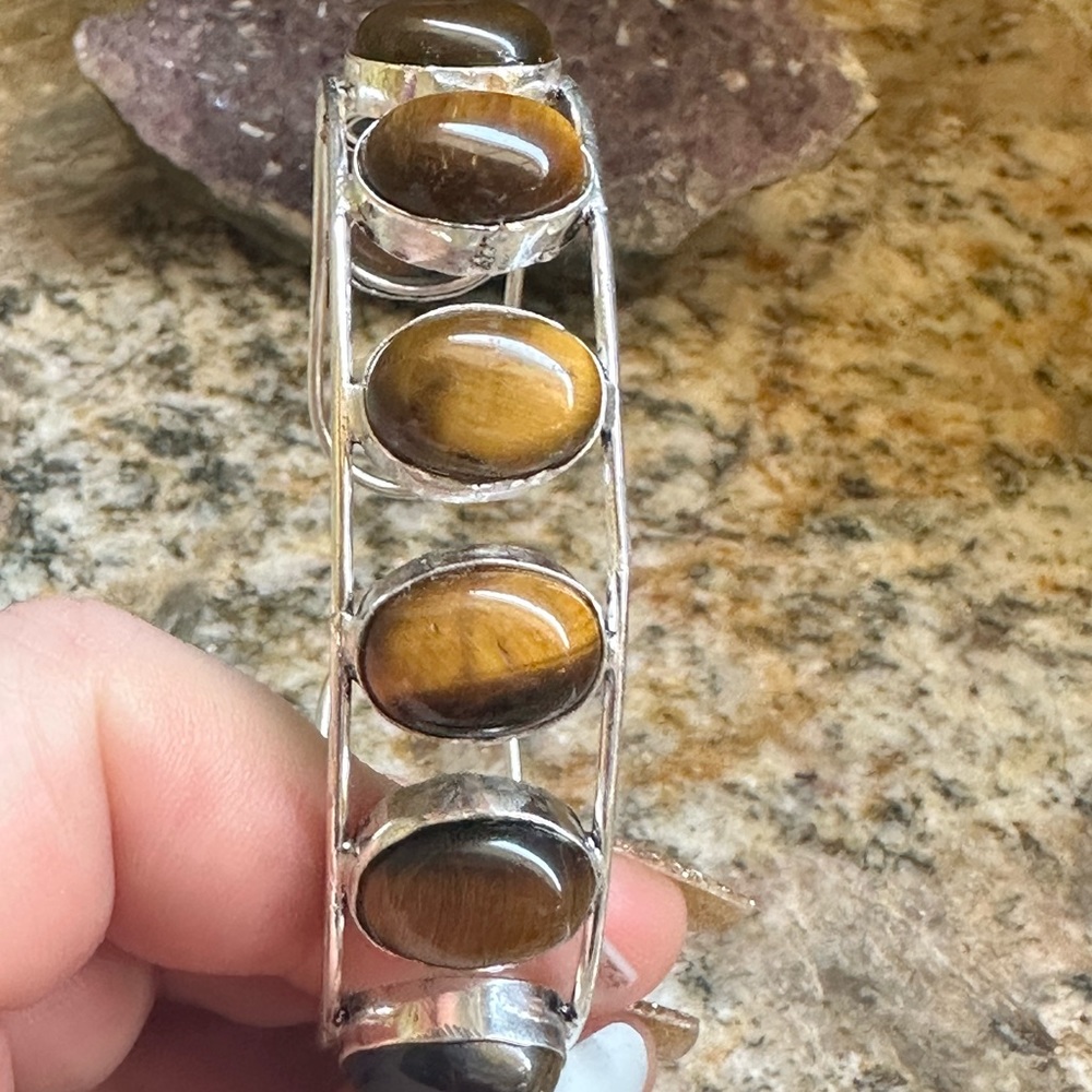 COPY - Silver Tiger’s Eye Stone Cuff Bracelet - Picture 5 of 11